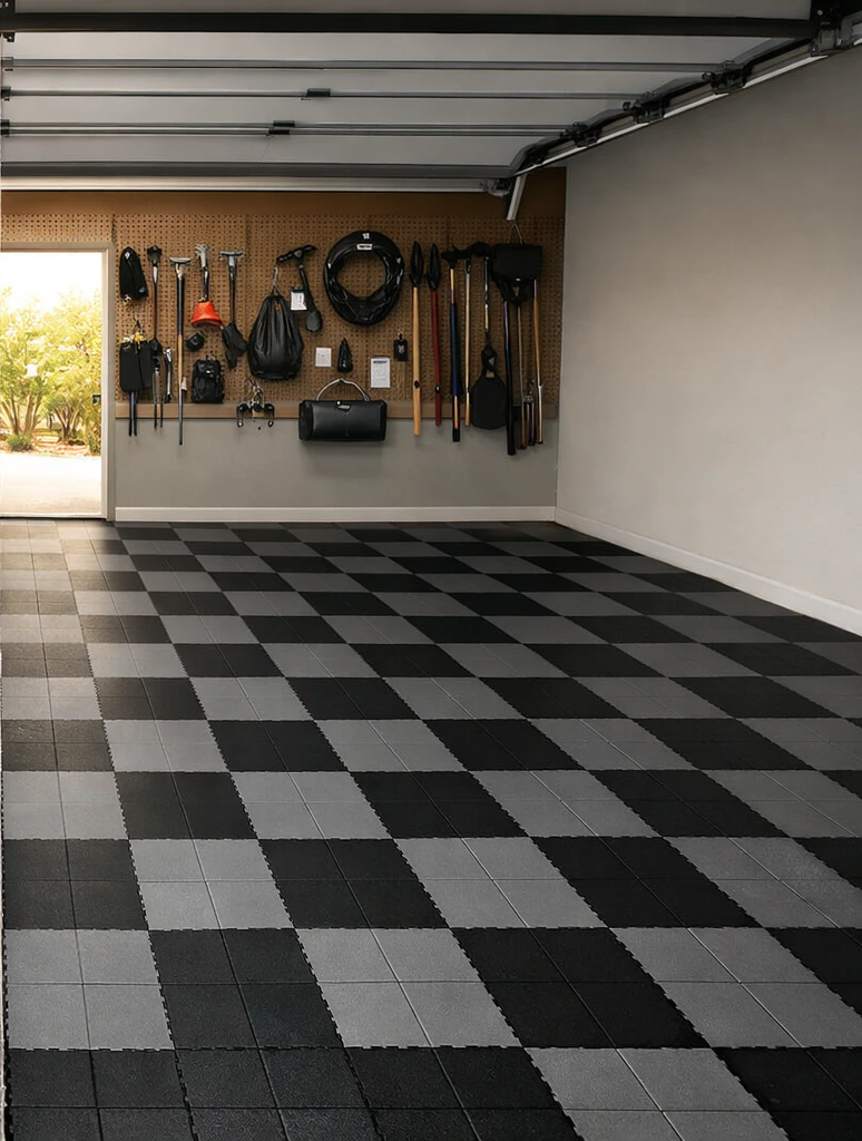 Black and grey checkered interlocking PVC garage floor tiles with visible seam grid next to a tool wall and open garage door