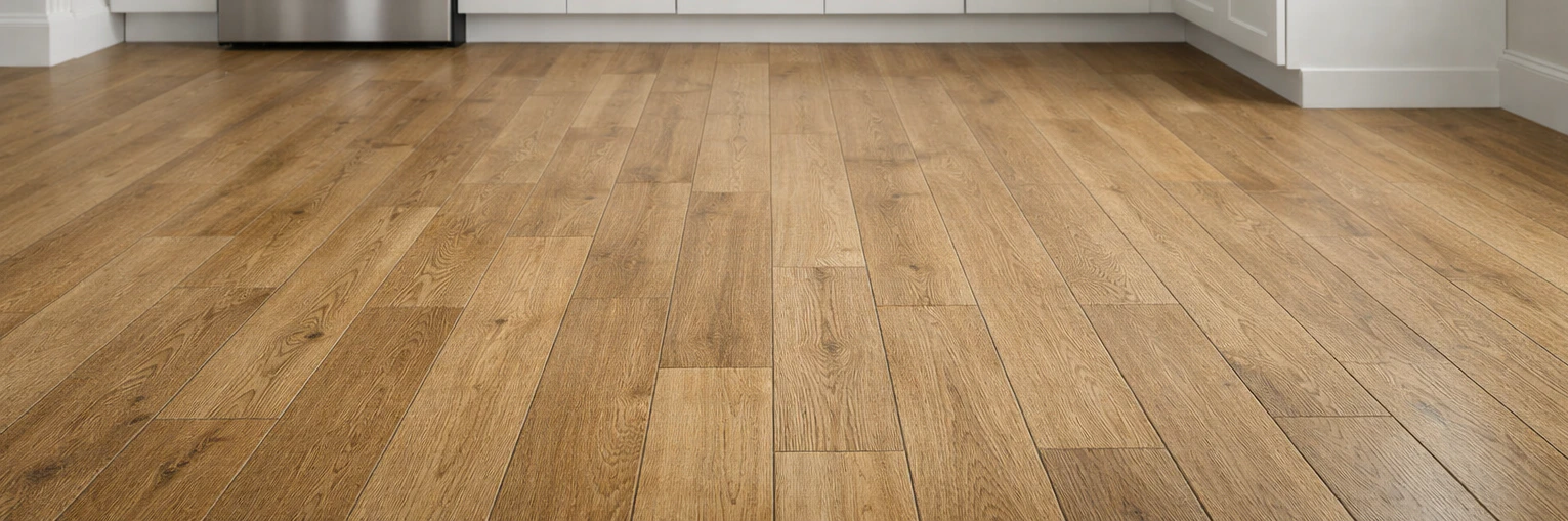 Close-up of warm honey-oak luxury vinyl plank kitchen floor with visible click-lock plank lines and seam pattern under a thin strip of white shaker cabinets and a stainless steel range
