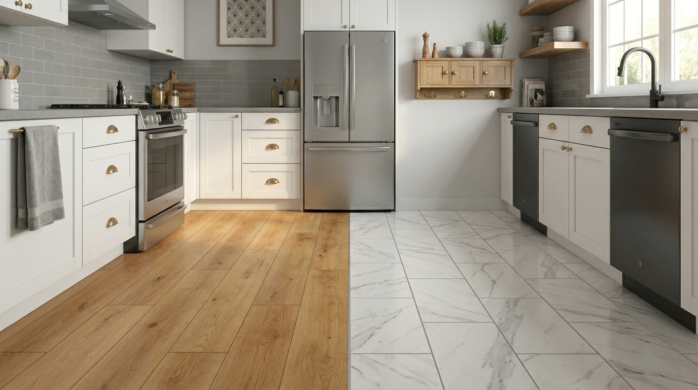 Modern kitchen floor split exactly down the vertical center — warm honey-oak wide-plank luxury vinyl plank with visible click-lock seams on the left, large-format white-and-gray marble-look porcelain tile in offset pattern with medium-gray grout lines on the right, white shaker cabinets with brass cup pulls, stainless slide-in gas range and stainless French-door refrigerator across the back of the frame