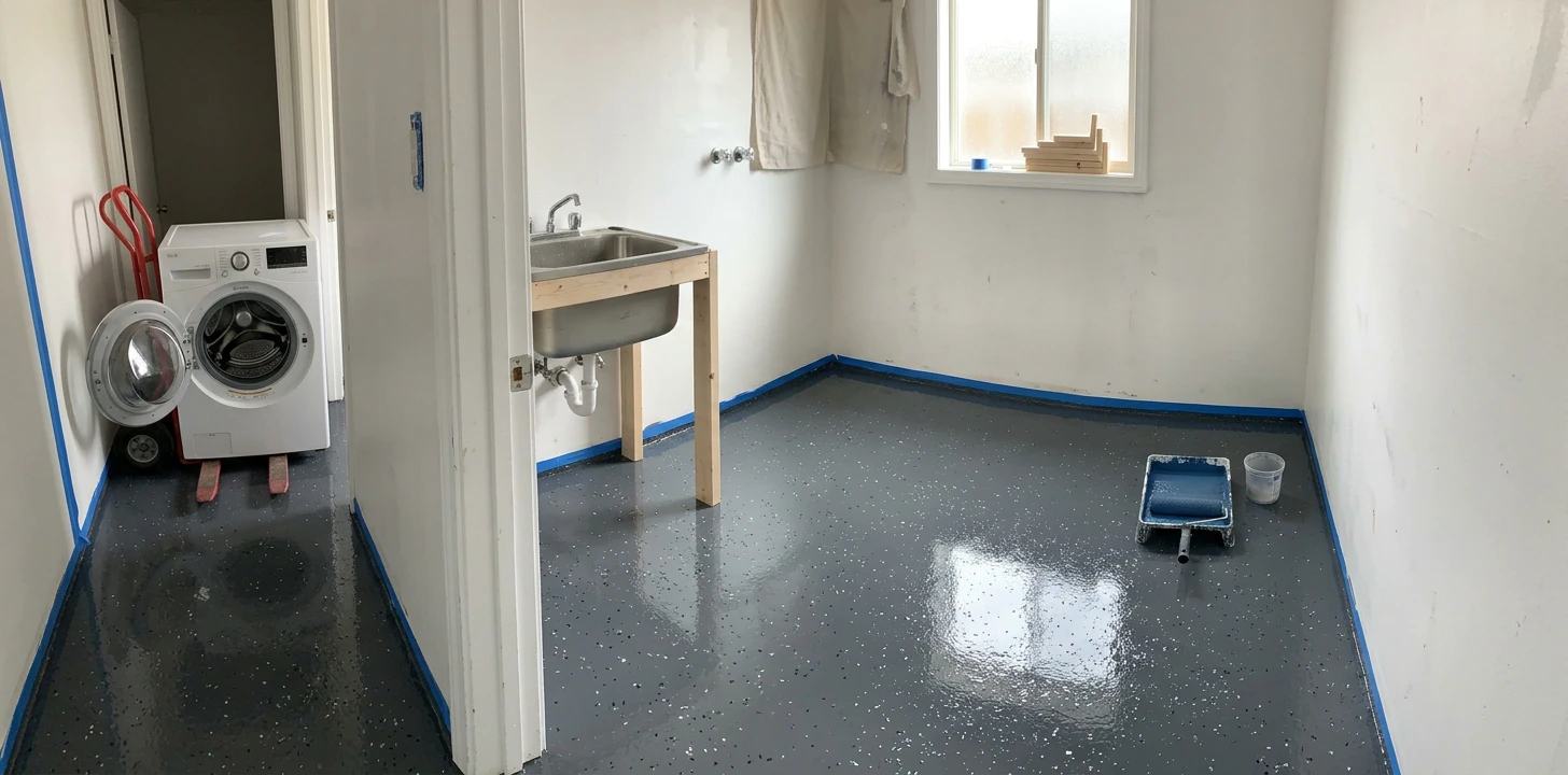 Compact laundry room mid-renovation with a freshly coated glossy charcoal-grey epoxy floor with decorative flakes, painter's tape along the baseboards, a roller in a tray, and a washer waiting on a hand truck in the hallway through the doorway