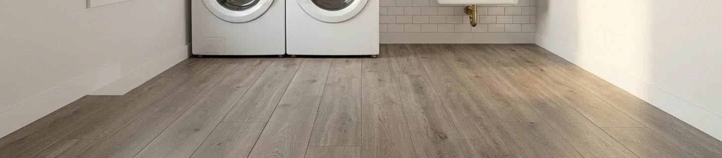 Close-up of warm grey-oak click-lock luxury vinyl plank flooring in a laundry room with visible wide-plank seams and wood-grain texture, white side-by-side front-load washer and dryer at the top of the frame with white baseboards behind, partial view of a wall-mounted utility sink with brushed brass faucet on the right