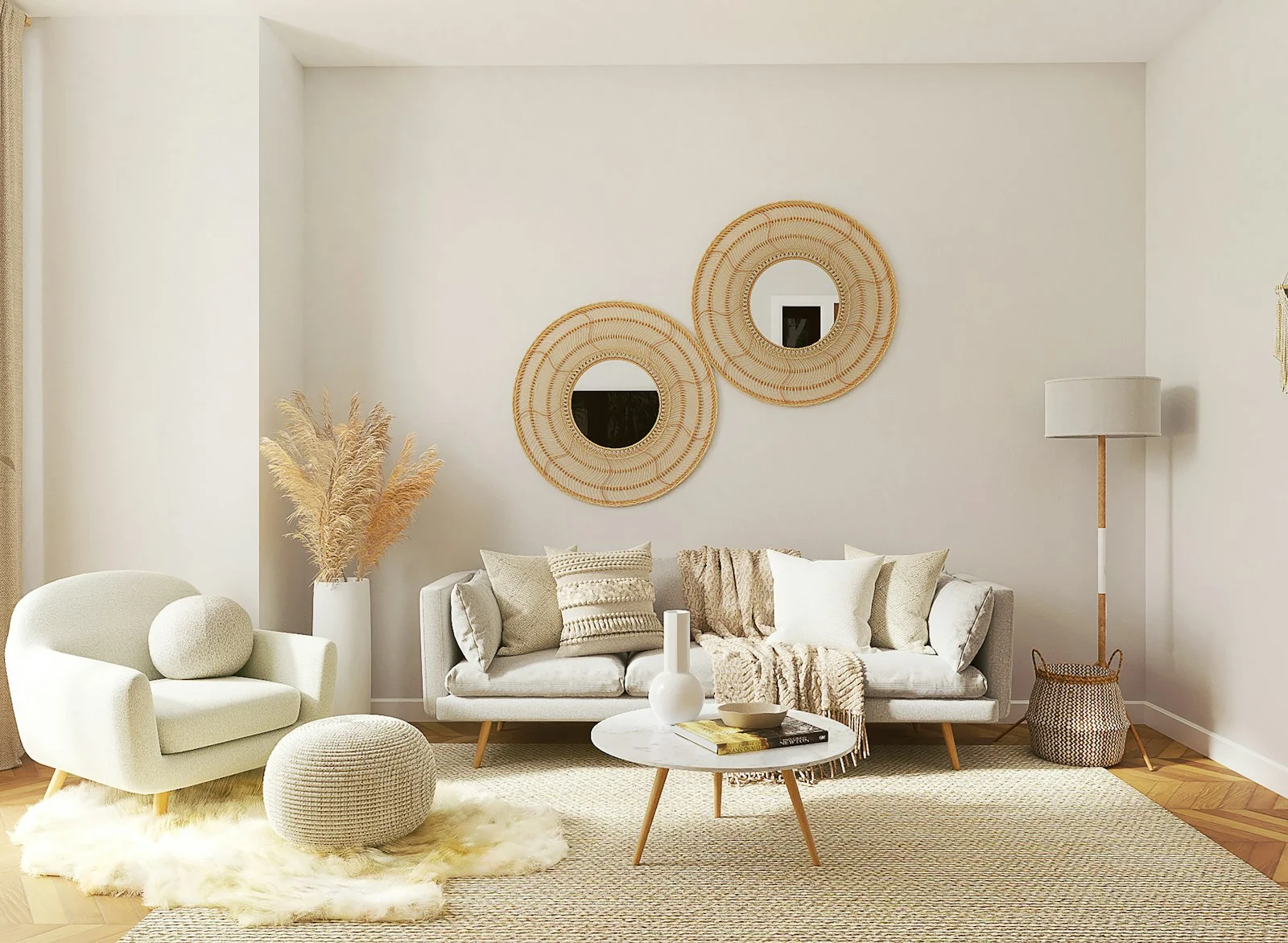 Bright living room with sage accent wall, gallery of framed prints and modern sofa
