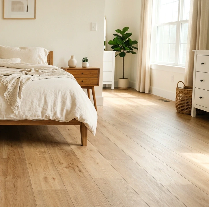 Bright bedroom with warm white-oak luxury vinyl plank flooring across the entire room showing visible click-lock plank seams, a queen bed with cream linens, mid-century nightstand and white dresser by a sunlit window, demonstrating uniform hardwood-look LVP without an area rug
