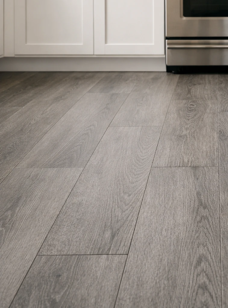 Close-up of cool grey-oak luxury vinyl plank flooring showing the uniform repeating wood-look grain and subtle matte emboss texture of a printed wear layer