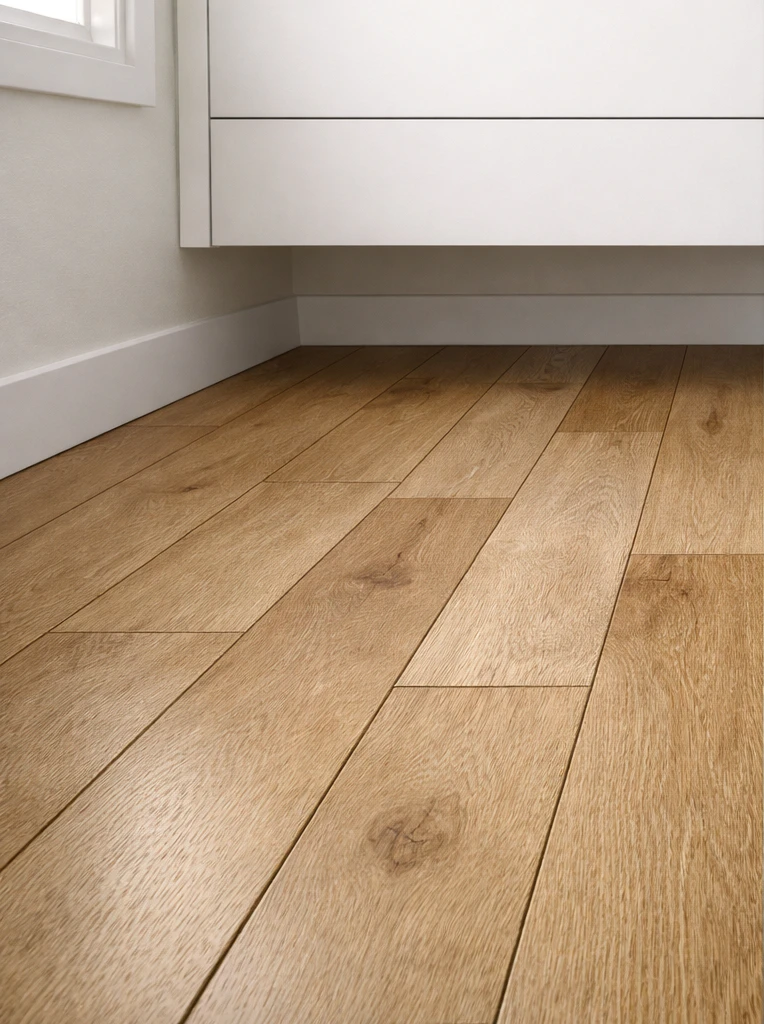 Close-up of warm white-oak luxury vinyl plank bathroom floor with visible wide-plank click-lock seams and wood-look grain pattern, showing the floating-floor system used in bathroom installations