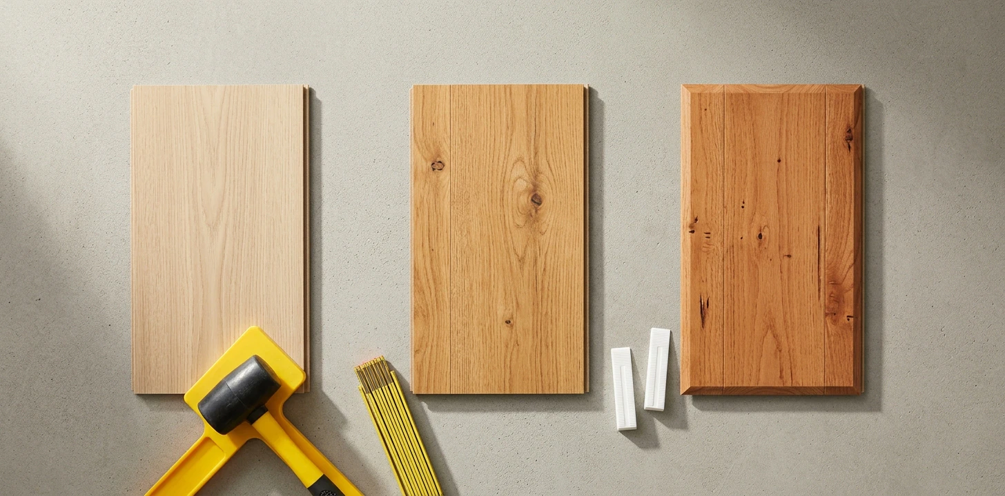 Budget-tier LVP plank flat-lay — light blonde Scandinavian oak (NuCore-style), honey oak with knots (Pergo Extreme-style), and warm cherry oak with character marks (LL Flooring CoreLuxe-style) on a concrete subfloor with bright yellow tapping block, rubber mallet and white spacer wedges