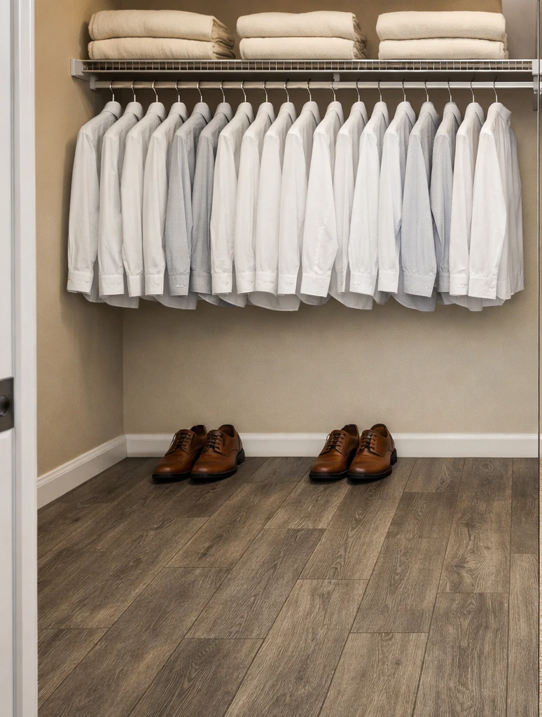 Reach-in closet corner with warm grey-oak click-lock luxury vinyl plank flooring with visible wide-plank seams running toward the camera, two pairs of brown leather oxford shoes neatly arranged against the back wall under a beige wall corner with white baseboards, partial view of hanging white and light-grey button-up shirts on a chrome rod above and folded cream sweaters on a white wire shelf, soft overhead closet light showing the waterproof hardwood-look floor that catches leaks before they spread into adjacent rooms