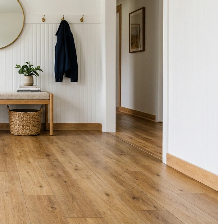 Warm honey-oak luxury vinyl plank entryway floor with visible click-lock seams and wide-plank wood-look pattern, wooden bench with linen cushion above showing the renter-friendly floating-floor approach to a high-traffic entryway