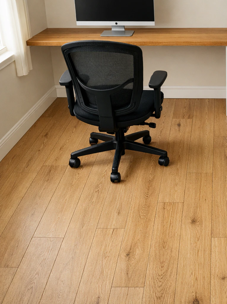 Modern home office workspace corner with warm white-oak wide-plank luxury vinyl plank flooring with visible click-lock seams running toward the camera, a black mesh-back ergonomic office chair with a five-star wheel base sitting on the LVP with all wheels visible, partial view of a floating wood desk above with the bottom edge of a silver monitor visible and soft daylight from a side window on the left, showing the hard-floor surface that lets the chair roll freely without a chair mat