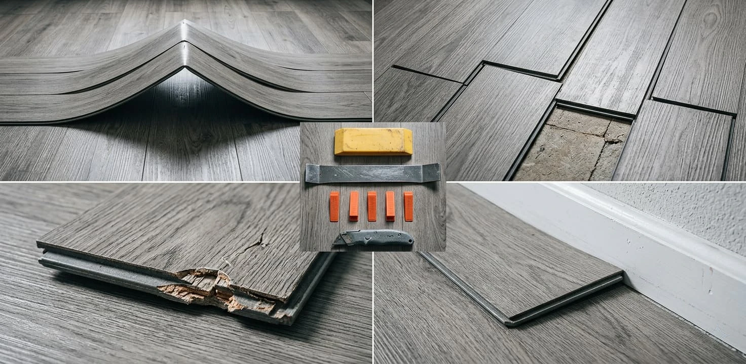 Editorial flat-lay of four vinyl plank flooring failure modes — planks buckling upward in a peaked ridge, open gaps between end joints, a broken click-lock tongue edge in close-up, and a plank edge tight against a baseboard with no expansion gap — with a tapping block, metal pull bar, spacer wedges and utility knife in the center