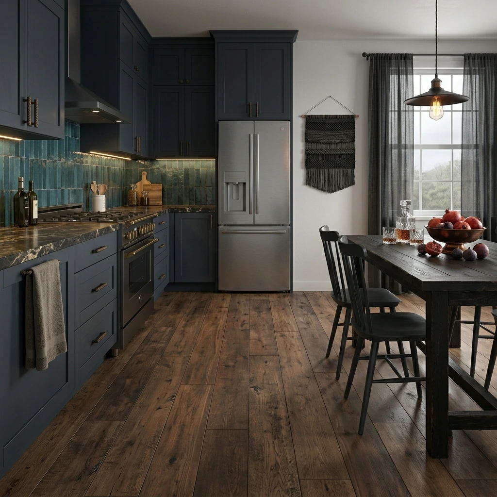 Moody modern kitchen with dark navy shaker cabinets, brass cup pulls, glossy teal subway tile backsplash and stainless steel French-door refrigerator, with wide-plank rustic dark wood-look luxury vinyl plank flooring that runs continuously out of the kitchen into the adjacent dining area with a dark wood table and pendant lights