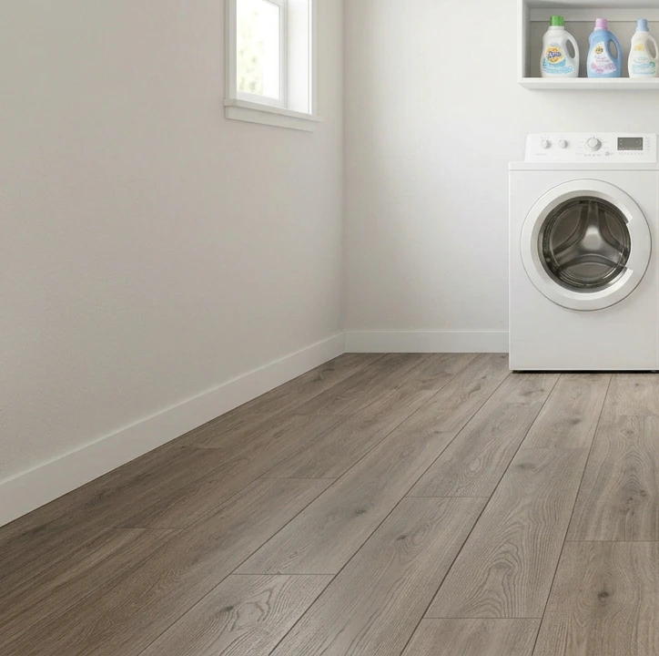 Compact laundry room corner with warm grey-oak click-lock luxury vinyl plank flooring with visible wide-plank seams, white front-load washer on the right edge, small frosted window on the upper left letting in soft daylight, partial view of a white floating utility shelf with detergent bottles top-right and clean white walls, showing the wood-look LVP that makes the laundry room read as part of the home rather than a utility closet