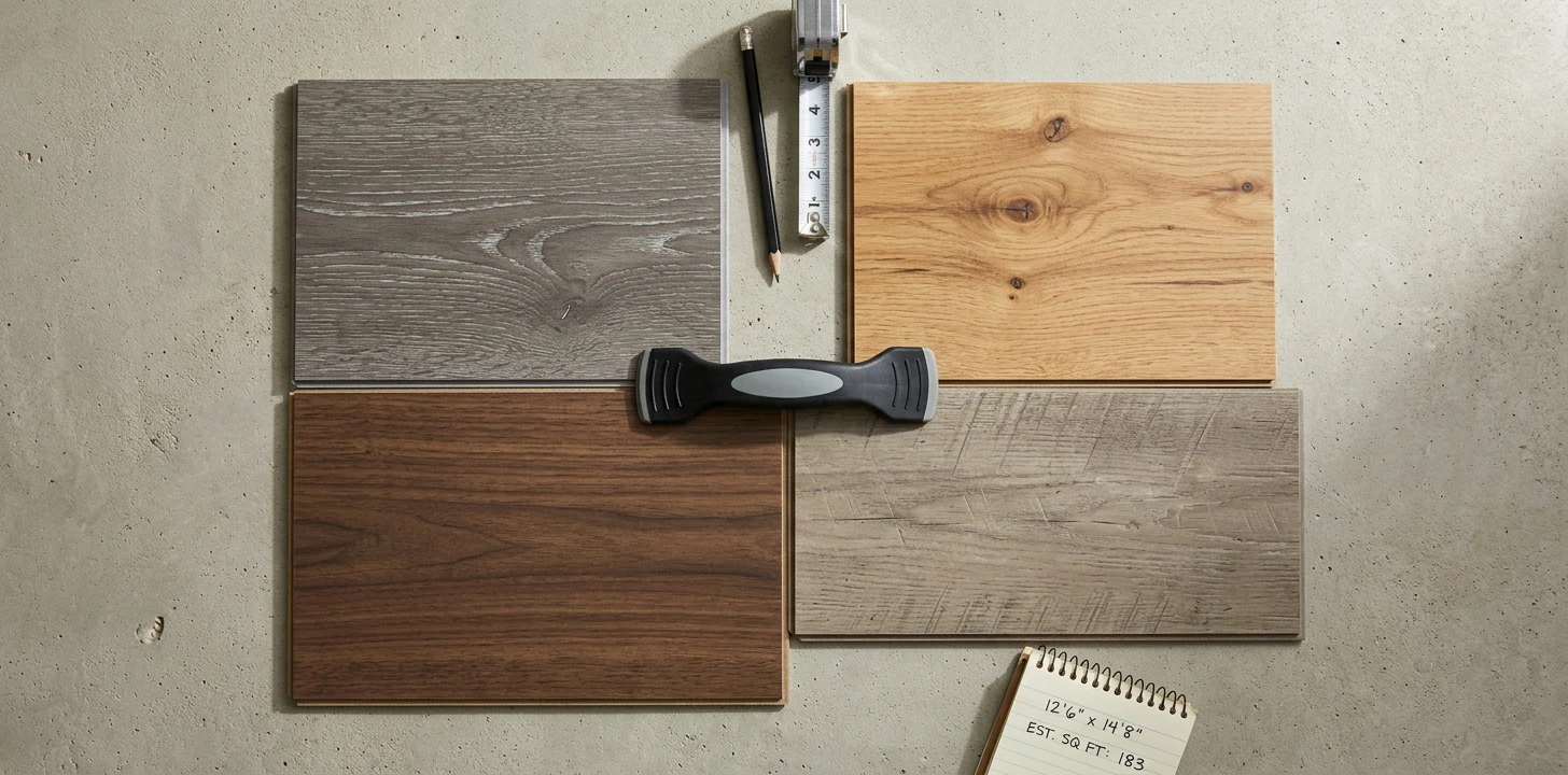 Mid-tier LVP plank flat-lay in 2x2 grid — grey-washed oak (Lifeproof Sterling Oak style), honey oak with knots (Smartcore Pro style), dark walnut matte (Shaw Floorté style), and weathered greige reclaimed-look (Mohawk SolidTech style) on a concrete subfloor with rubber pull-bar tool, pencil and folded measuring tape