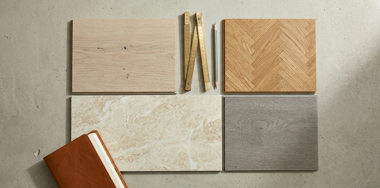 Premium-tier LVP plank flat-lay in 2x2 grid — wide-plank limewashed European oak (COREtec style), herringbone medium-oak parquet (Karndean style), travertine stone-look in cream-and-beige (Mannington Adura Apex style), and commercial-grade neutral grey wood-look (Tarkett ProGen style) on a concrete subfloor with brass folding ruler, design pencils and a leather-bound architect notebook