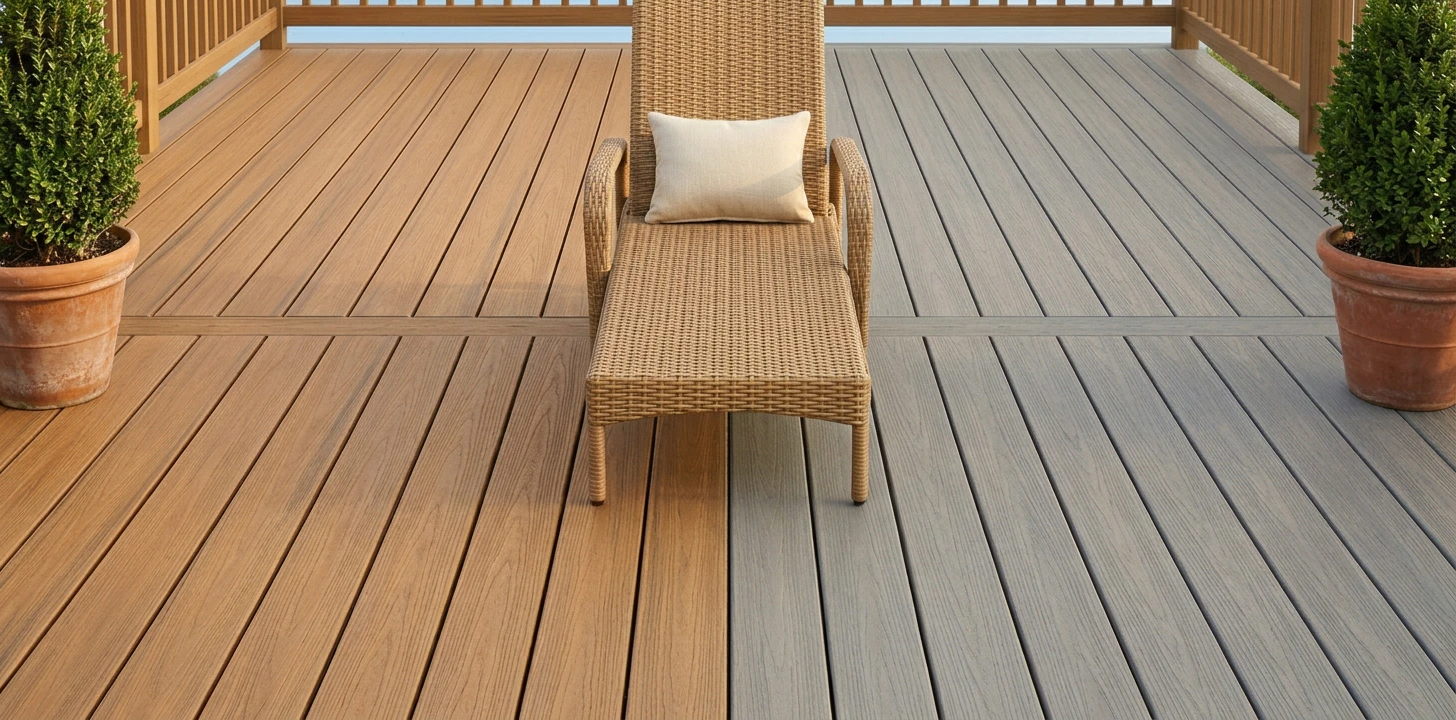 Backyard deck floor split exactly down the vertical center — left half warm honey-brown composite decking boards with realistic wood-grain emboss texture running toward the camera, right half cool grey PVC capped polymer decking boards with subtle uniform texture and slightly cleaner factory edges, a tan all-weather wicker lounge chair with a small cream throw pillow centered in the foreground on the seam, tall potted boxwood plants in terracotta pots on the far left and far right corners, low wood railing visible along the back edge of the deck