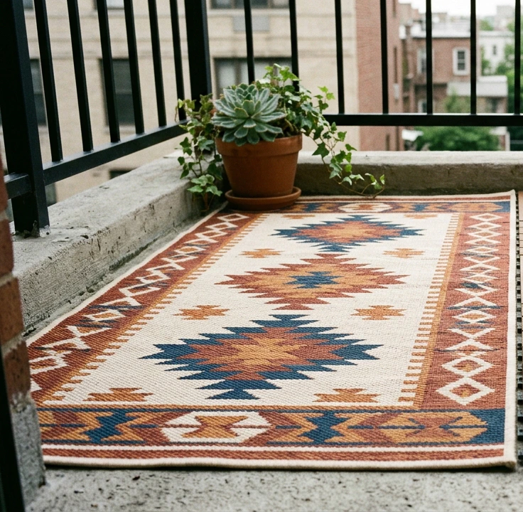 Warm boho geometric outdoor polypropylene rug with orange, cream and blue Aztec-style pattern on a bare concrete apartment balcony, potted plant against the black metal railing, brick building visible beyond, showing the renter-friendly quick-refresh approach