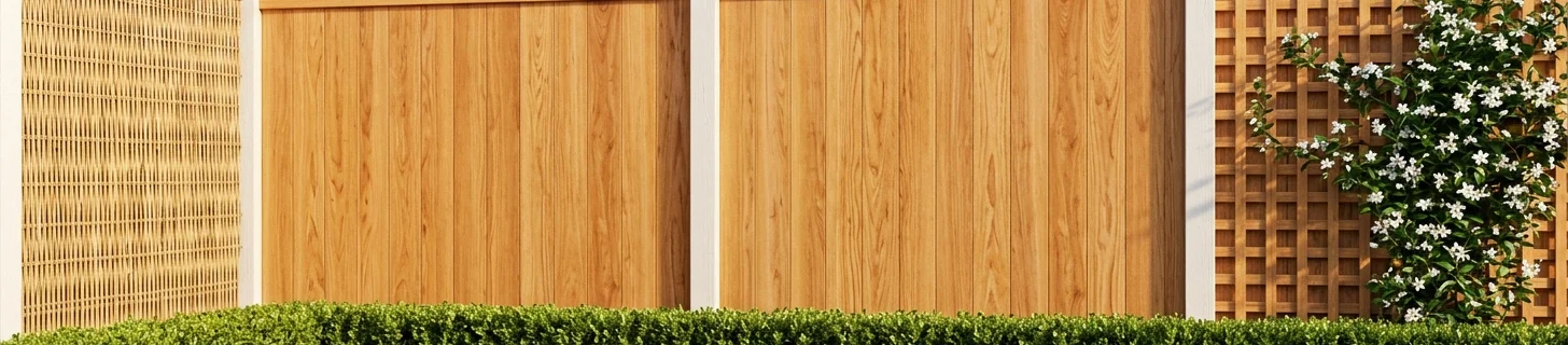 Close-up of the variety of outdoor wall materials shown side by side — a bamboo privacy screen panel on the far left with horizontal canes, warm honey-toned natural cedar fence panels with vertical wood grain in the center mounted on white-painted wood posts, and a cedar lattice panel with diagonal crosshatch pattern covered by a climbing rose vine showing white flowers on the right, all above a neatly-trimmed boxwood hedge running across the bottom