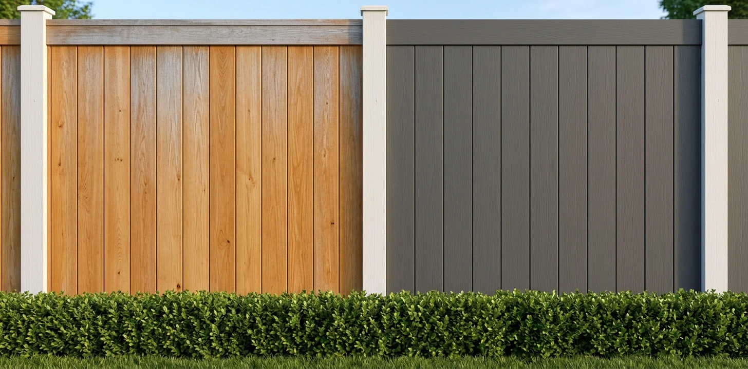Backyard fence panels split exactly down the vertical center for direct comparison — left half warm honey-toned natural cedar fence panels with visible vertical wood grain, right half charcoal-grey composite fence panels with uniform smooth manufactured texture and faint wood-grain emboss, both panels mounted on identical white-painted wood posts at the same height, a low neatly-trimmed green boxwood hedge running the full width of the frame at the base, blue sky visible at the top edges