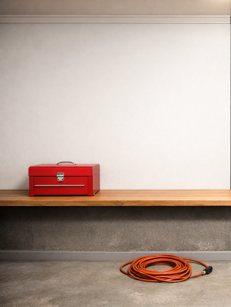 Two-car garage corner with solid white-painted finished drywall back wall with thin white painted ceiling trim, a continuous wood-top workbench against the wall with a small red metal toolbox sitting on top, pale grey epoxy-finished concrete floor below with a single coiled orange extension cord, no mounted storage on the wall, soft overhead garage light showing the clean bright space that reflects light without organizing tool storage