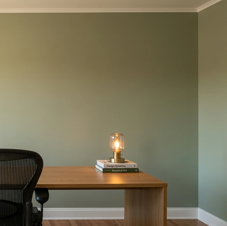 Modern home office workspace with solid warm sage-green matte painted wall behind a wood desk, brass Edison-bulb table lamp on top of a stack of two hardcover books titled Design Dynamics and Botanical Art on the desk, edge of a black mesh-back chair on the left, thin white painted trim along the ceiling and baseboard and pale oak wood floor below, showing the clean solid-color Zoom-friendly background that photographs flat with zero H.264 compression artifacts