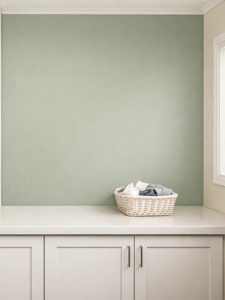 Compact laundry room corner with solid soft sage-green matte mold-resistant painted accent wall covering the drywall from a white quartz folding counter up to the ceiling with thin white trim, small white wicker basket of folded items on the counter, white shaker cabinet visible below the counter, natural daylight, showing the splash-resistant clean wall that wipes clean of detergent and bleach