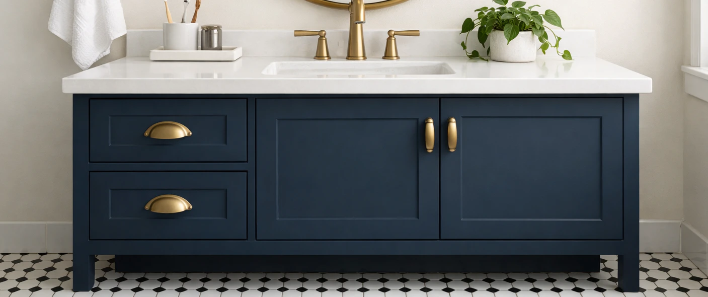 Close-up of a refreshed bathroom vanity painted deep navy blue with brushed brass cup-pull hardware on the drawers and bar-pull handles on the cabinet doors, white quartz countertop with brushed brass faucet centered, hex tile floor visible at the bottom