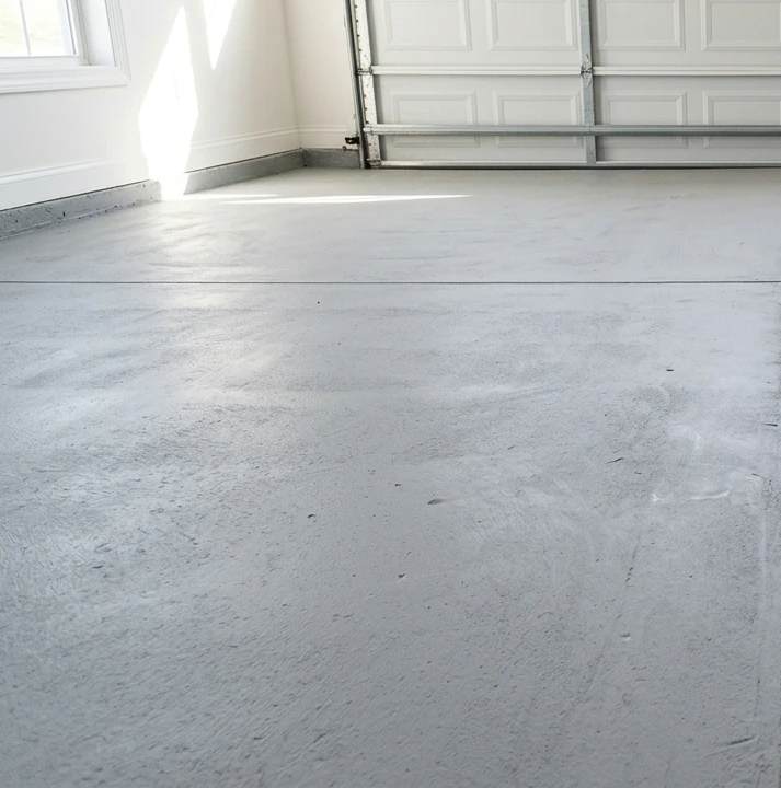 Close-up of a freshly painted light-grey matte concrete garage floor showing the uniform flat finish with subtle roller texture, natural light from a window, white garage walls and the bottom edge of a closed garage door visible at the top