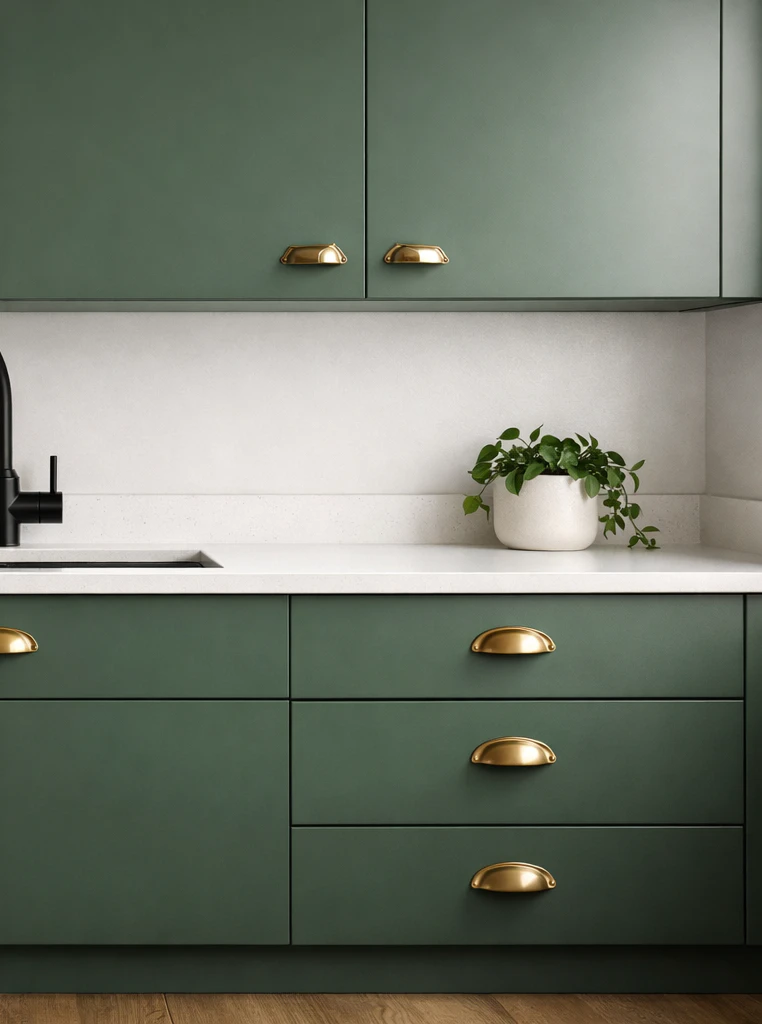 Close-up of kitchen cabinets painted satin deep sage-green with brushed brass cup-pull hardware, white quartz countertop and small trailing plant, showing the solid matte permanent finish of a bonded paint kit