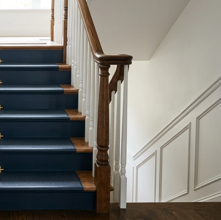 Staircase painted matte deep navy with subtle anti-slip grit texture on the topcoat, brown stained wood treads at the edges, white wainscoting and a wooden banister visible showing the clean-line painted-stair aesthetic