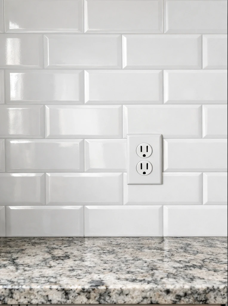 Glossy beveled peel-and-stick gel-finish backsplash tile with white grout lines above a granite countertop showing how modern Smart Tiles look like real ceramic from a few feet away