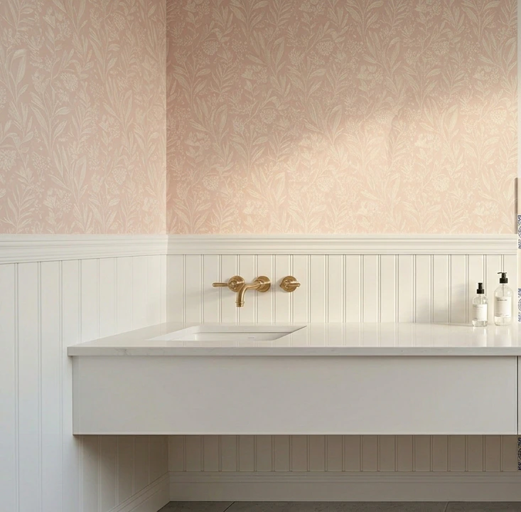 Small modern bathroom corner with soft pink-and-cream botanical peel-and-stick wallpaper covering the upper drywall above a white-painted vertical beadboard wainscot, white floating vanity with quartz top and undermount sink, brushed brass wall faucet, two soap dispensers on the counter and clean wall above the vanity with no mirror or fixtures, showing the pattern-rich wall transformation that wallpaper delivers on a renter-safe drywall surface