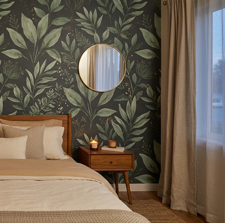 Bedroom accent wall covered in dark moody botanical peel-and-stick wallpaper with sage green leaves and gold accents on a charcoal background, round brass-framed mirror, wooden bedside table with candle, linen drapes and cream linens, showing the pattern-driven approach to a bedroom accent wall