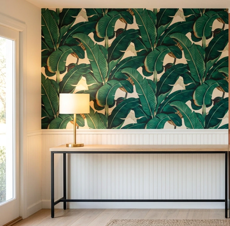 Modern entryway corner with bold large-scale Martinique-style banana leaf peel-and-stick wallpaper in deep emerald green and warm cream tones above a white-painted beadboard wainscot at chair-rail height, narrow wood-and-iron console table below with a brass-finish modern table lamp, small woven entry rug on a pale oak wood floor and natural daylight from a side window on the left, showing the pattern-rich first-impression wall that reads as designed entrance
