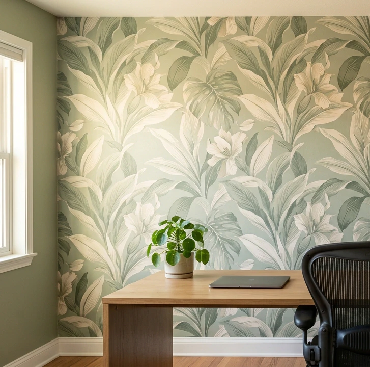 Modern home office workspace with oversized botanical peel-and-stick wallpaper in sage green and cream tones at large 8-inch repeat scale covering the wall from floor to ceiling behind a wood desk with a thin closed silver laptop, small ceramic pot with green leafy plant on the desk, edge of a black mesh-back chair on the right and natural daylight from a side window on the left, showing the pattern-rich Zoom-friendly background that reads as designed creative space within the first 0.3 seconds of a video call