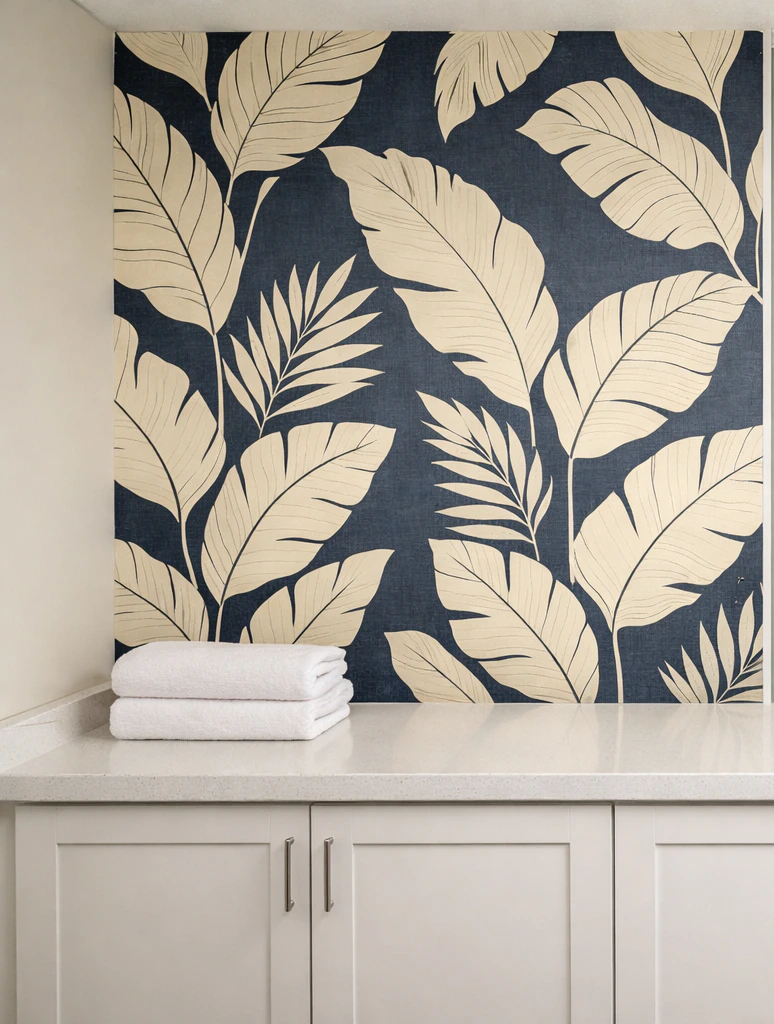 Compact laundry room corner with bold large-scale botanical peel-and-stick wallpaper in deep navy blue and cream tones with oversized banana-leaf motifs covering the drywall from a white quartz folding counter up to the ceiling, two stacked clean white folded towels on the counter, white shaker cabinet visible below the counter, natural daylight, showing the pattern-rich accent wall that transforms a utility space into designed laundry