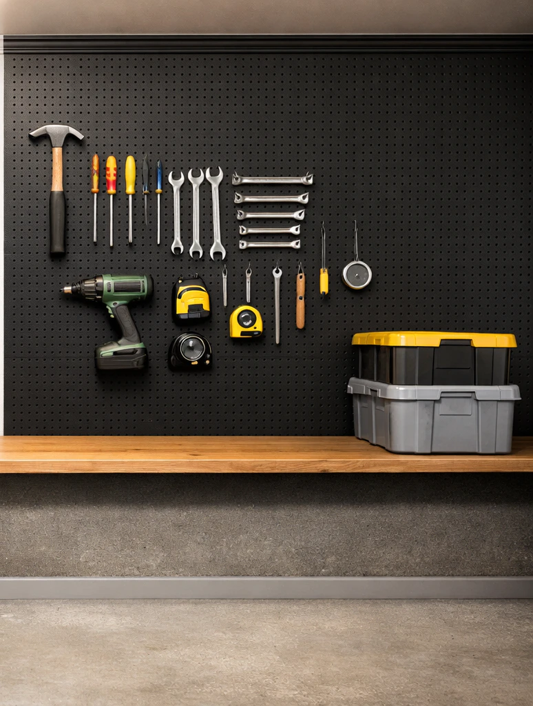Two-car garage corner with a black metal pegboard storage panel mounted on the back wall above a wood-top workbench, neatly hung tools on white pegboard hooks including a hammer screwdrivers wrenches a small power drill and measuring tapes arranged in organized rows, a black plastic storage bin on the workbench top, pale grey epoxy floor below, soft overhead garage light showing the workshop-grade tool storage that recovers floor space