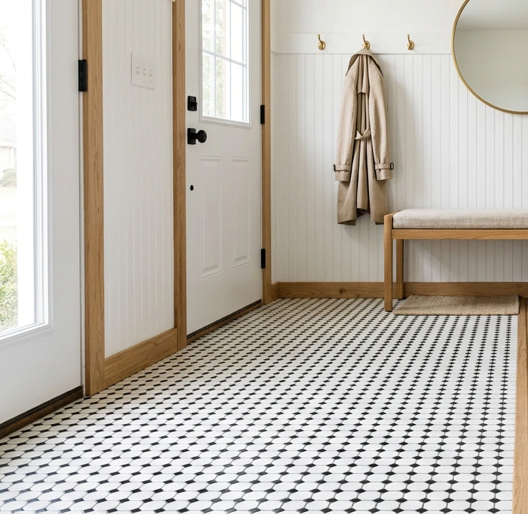 Black-and-white octagon-and-dot porcelain hex tile entryway floor in a tight mosaic pattern with charcoal grout, white beadboard wainscoting and wooden bench above showing the classic durable entryway tile approach