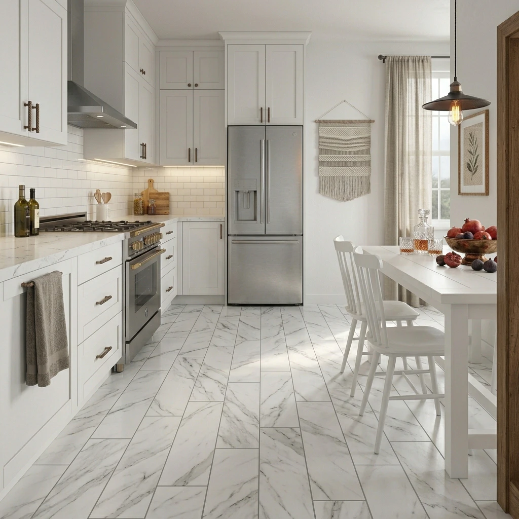 Bright modern kitchen with white shaker cabinets, brushed brass cup pulls and bar pulls, white subway tile backsplash, stainless steel slide-in gas range with brass trim, stainless French-door refrigerator and pendant light over a white-painted dining table on the right, with large-format white-and-gray marble-look porcelain tile flooring laid in offset pattern with thin medium-gray grout lines