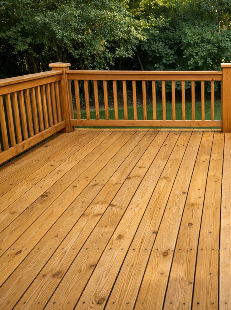 Pressure-treated lumber deck boards with visible wood grain in warm tan and honey color showing the natural texture that fades to grey without annual stain