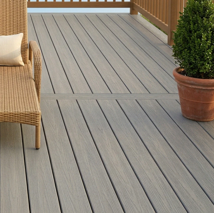 Cool grey PVC capped polymer decking close-up showing subtle uniform wood-grain emboss texture and clean factory edges between boards, the edge of a tan all-weather wicker lounge chair on the left side and a tall potted boxwood plant in a terracotta pot on the right, low wood railing visible at the back edge, the polished modern aesthetic that reads as designed outdoor space without the heat shimmer composite gets in direct sun