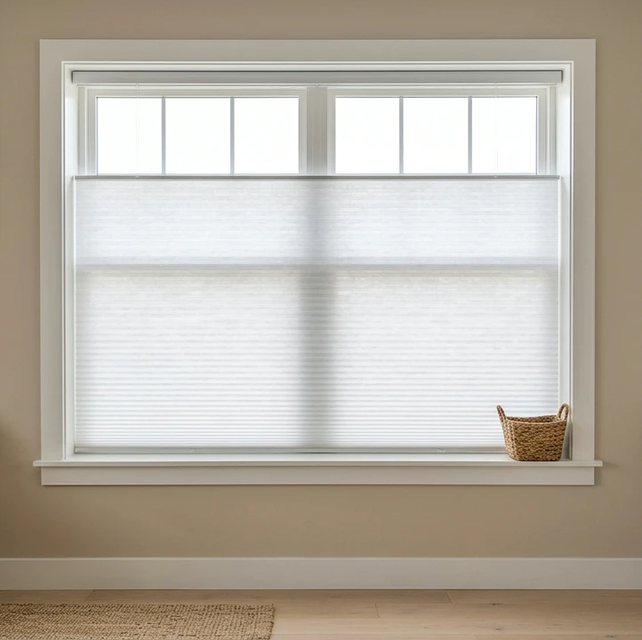 Residential window corner with a single-piece white double-cell cellular honeycomb shade lowered half-way down the window exposing the upper glass and showing the accordion-fold honeycomb texture below, soft daylight passing through the upper glass as a hazy white glow, a small woven catch-all basket on the right side of the window sill, white-painted window frame mounted on a beige interior wall above a pale wood floor with a natural-fiber jute rug at the bottom