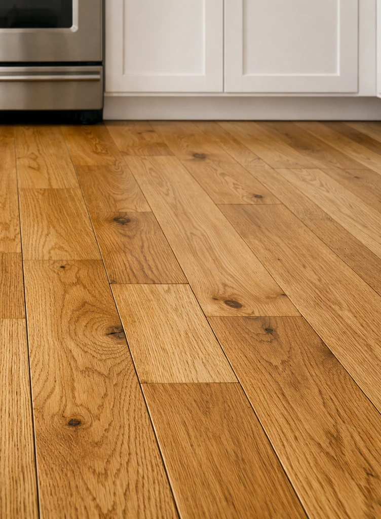 Close-up of warm honey-oak solid hardwood flooring showing natural grain variation, visible knots and the depth of real wood that can be sanded and refinished