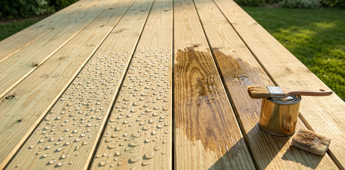 Fresh light-colored pressure-treated deck boards in warm afternoon sun with water droplets beading on the surface on the left and a splash of water soaked into the wood as a darker damp patch on the right, a can of semi-transparent stain with a natural-bristle brush across its lid and a staining pad resting on the boards