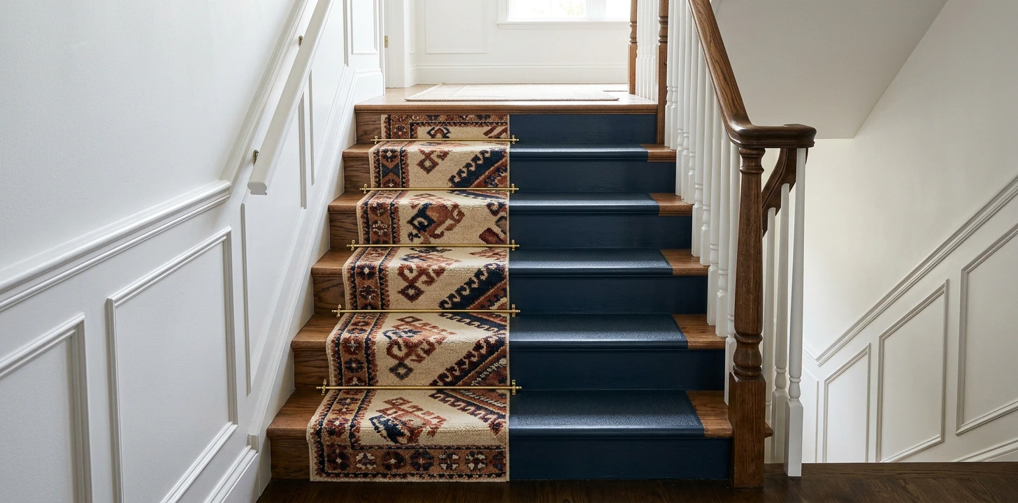 Residential staircase viewed from the bottom looking up, split down the center, left half covered by a warm wool stair runner in bohemian geometric cream rust and navy pattern with brass stair rods at each tread, right half painted matte deep navy with subtle anti-slip grit texture, white wainscoting on both walls