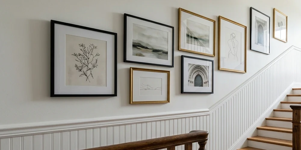 Gallery wall of eight framed art prints in black and brass frames ascending a staircase wall above white beadboard wainscoting, with oak treads and a wooden banister at the edge of the frame