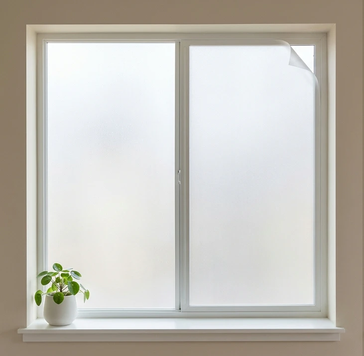 Residential casement window with frosted static-cling privacy film applied to both glass panes showing a visible peeling corner starting at the upper-right of the right pane (the edge-curl failure mode static-cling develops within 1-2 years on dry windows), soft daylight passing through the frosted surface as a hazy white glow with no visibility through to the outside, white-painted window frame and sill, a small green leafy plant in a white ceramic pot on the sill, beige wall behind, showing the renter-safe repositionable film install on a dry interior window
