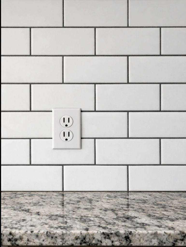 Real ceramic subway tile backsplash in flat white with dark charcoal grout lines above a granite countertop showing the modern design-magazine look that adds resale value