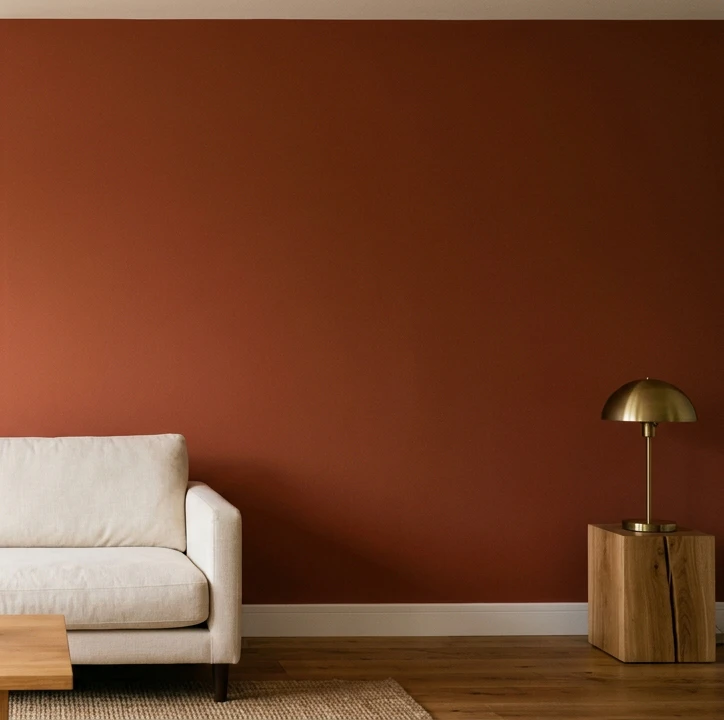 Solid deep terracotta painted accent wall in matte eggshell finish behind a cream linen sofa, wooden side table with brass-base table lamp, warm wood floor, showing the simple intentional aesthetic of a single-color accent wall