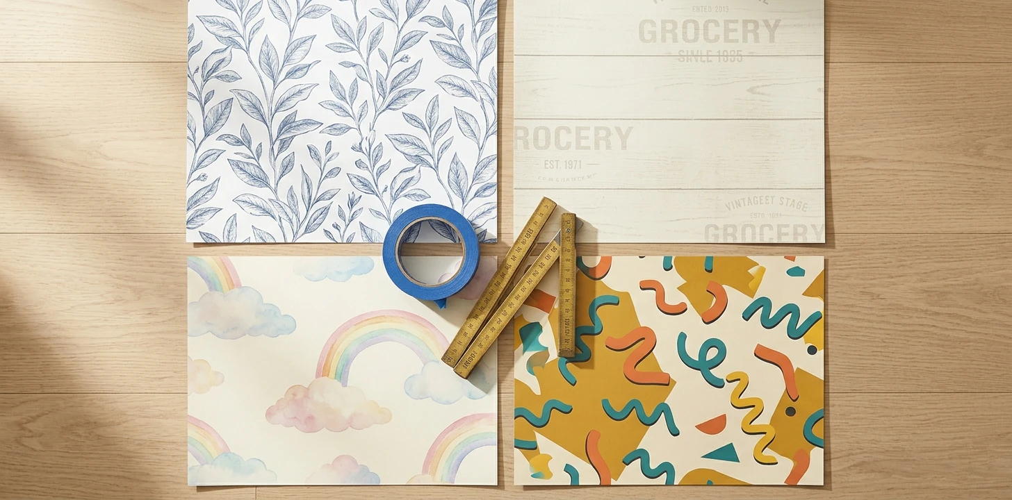 Budget-tier peel-and-stick wallpaper sample swatches flat-lay — blue-and-white botanical, cream shiplap-effect with farmhouse GROCERY typography, pastel watercolor rainbows and clouds for kids' rooms, mustard-and-teal Memphis-design squiggle geometric — on light oak floor with blue painter's tape and wooden ruler