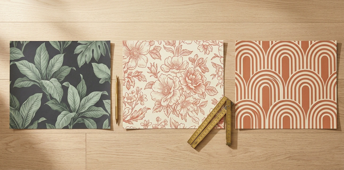 Premium-tier peel-and-stick wallpaper sample swatches flat-lay — sage-and-charcoal banana-leaf botanical, hand-drawn dusty-rose florals on cream, terracotta Art Deco arches — on light oak floor with brass design pencil